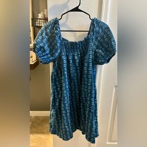 Madewell Puff-Sleeve A-Line Mini Dress in Indigo Block Print